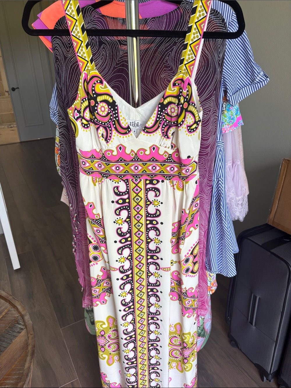 TIBI ‘Valencia’ Silk Maxi Dress White-Pink-Chartreuse-Black Geometric Size 4